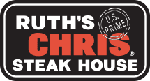 "RUTH'S CHRIS STEAKHOUSE, U.S. PRIME" with "RUTH'S" and "STEAK HOUSE" in white found, "CHRIS" in red, and "U.S. PRIME" in mock-white-stamp on black background with white-line frame